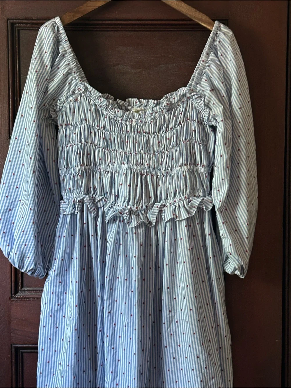 Maeve Anthropologie Smocked Striped Midi Dress Embroidered Polka Dot Size Medium - Picture 8 of 12